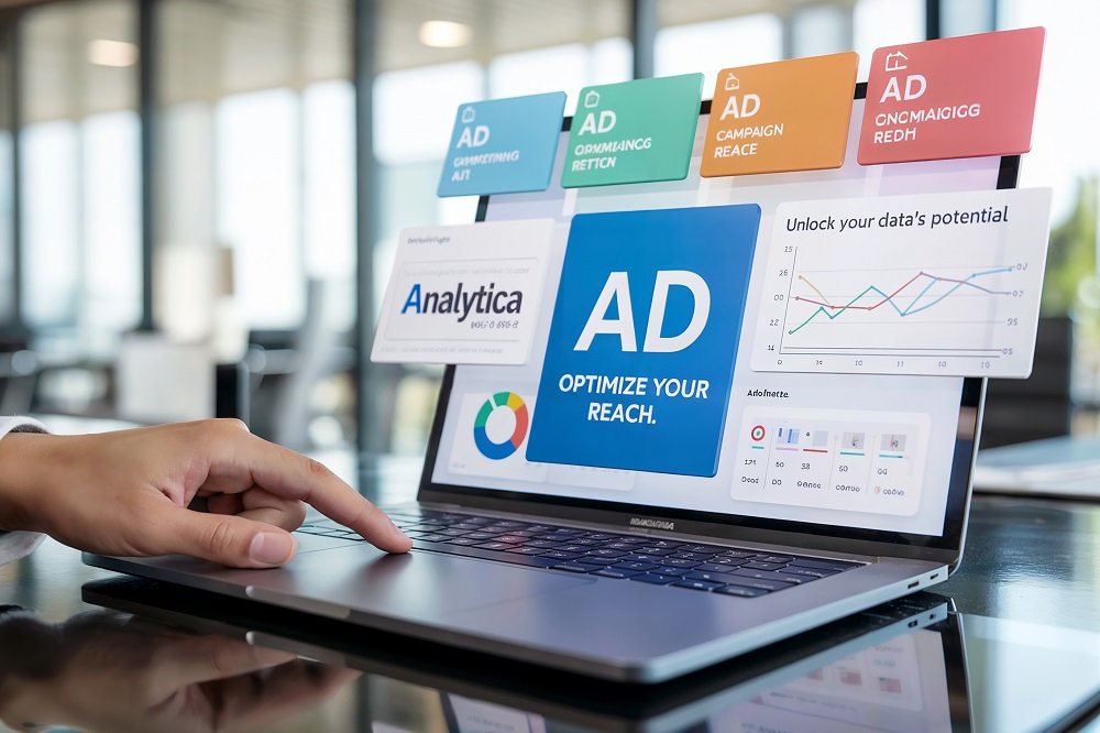Digital advertising strategy and analytics on laptop screen shows business growth and marketing campaigns